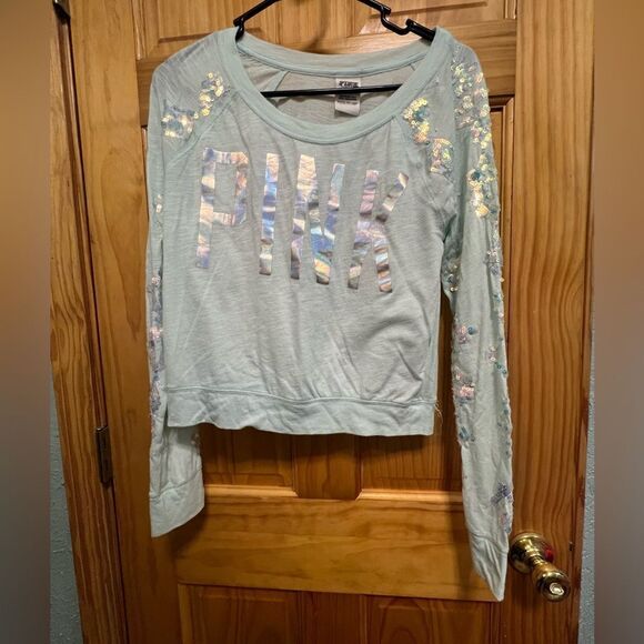 PINK crop seafoam colored size M sequin embellished top - Picture 1 of 5